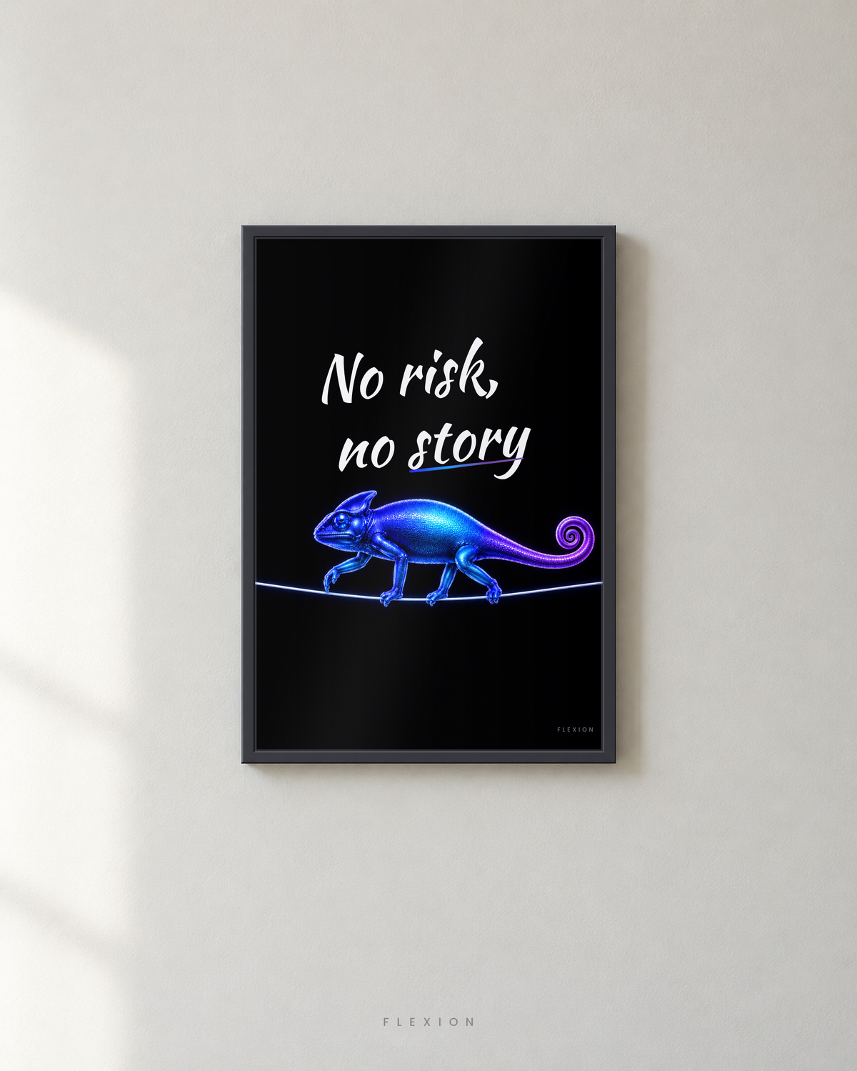 No Risk, No Story poster framed in black, 40 × 30 cm