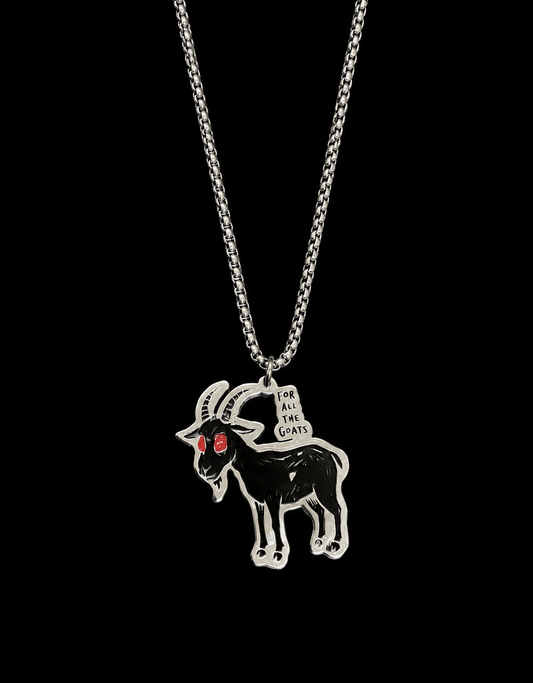 FLEXION Blacked Goat Necklace — black enamel goat pendant with red eyes and a FOR ALL THE GOATS tag, 925 sterling silver-plated