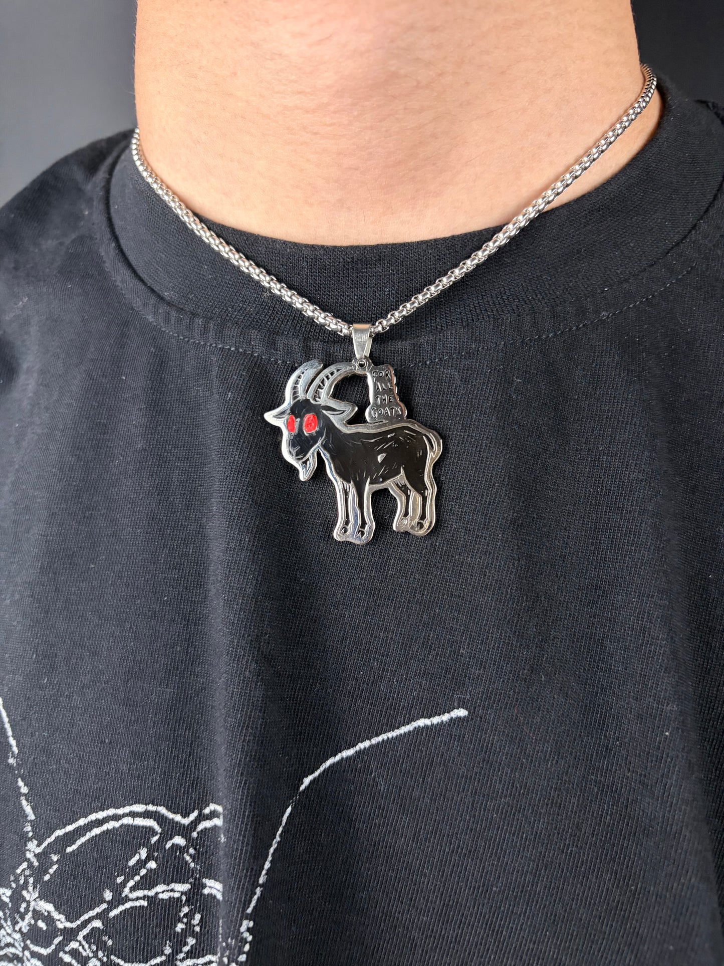 Blacked Goat Necklace worn — black enamel goat pendant on a 50cm box chain